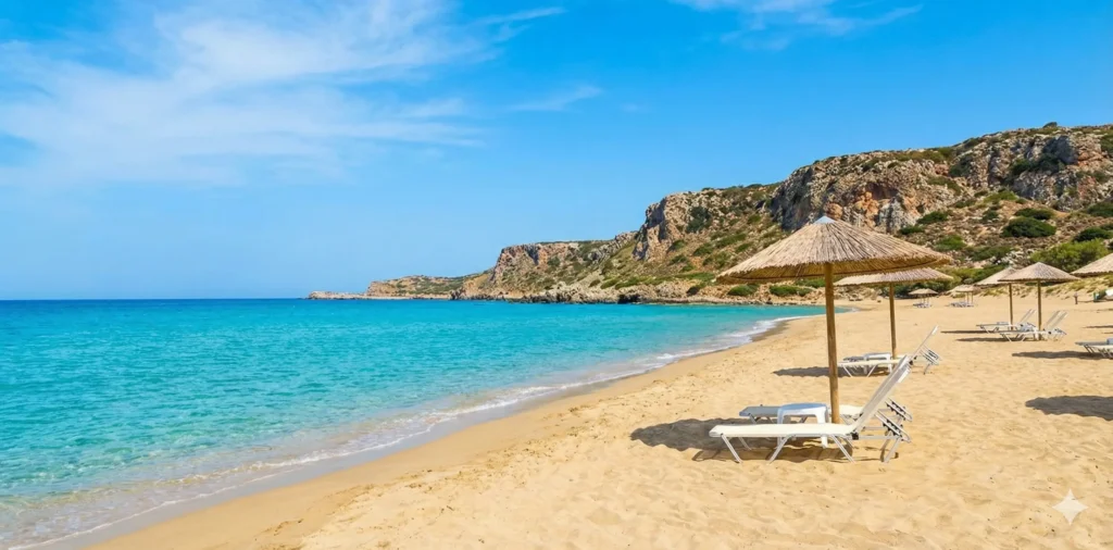 A stunning sandy beach in Crete with crystal clear turquoise water and straw umbrellas under a blue sky.