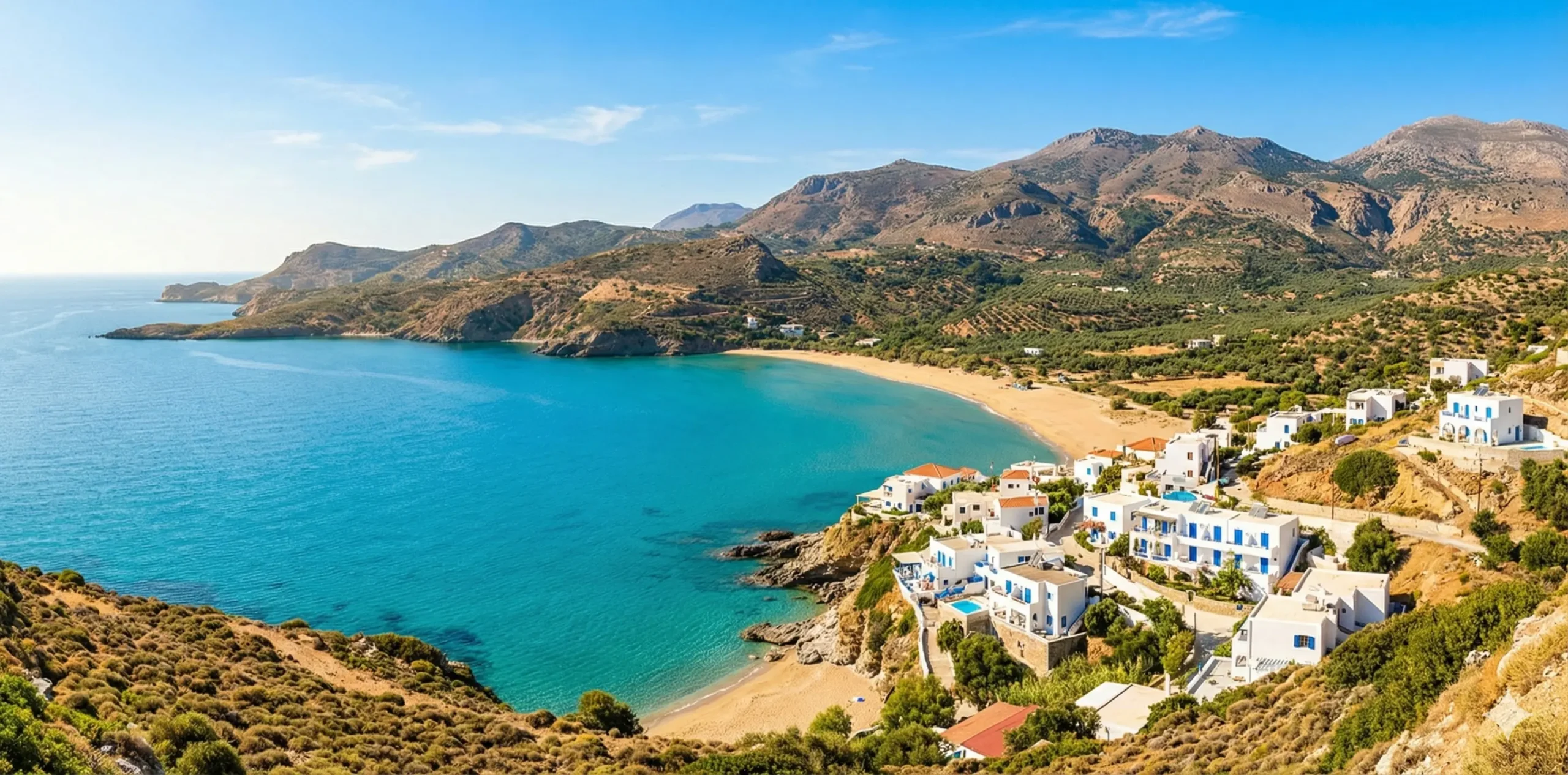 Panoramic landscape view of a coastal village, turquoise bay, and rugged mountains in Crete, Greece.