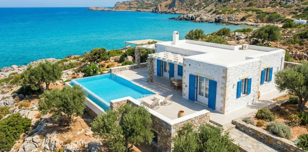 A private luxury holiday villa in Crete with a stone exterior, infinity pool, and panoramic views of the sea.